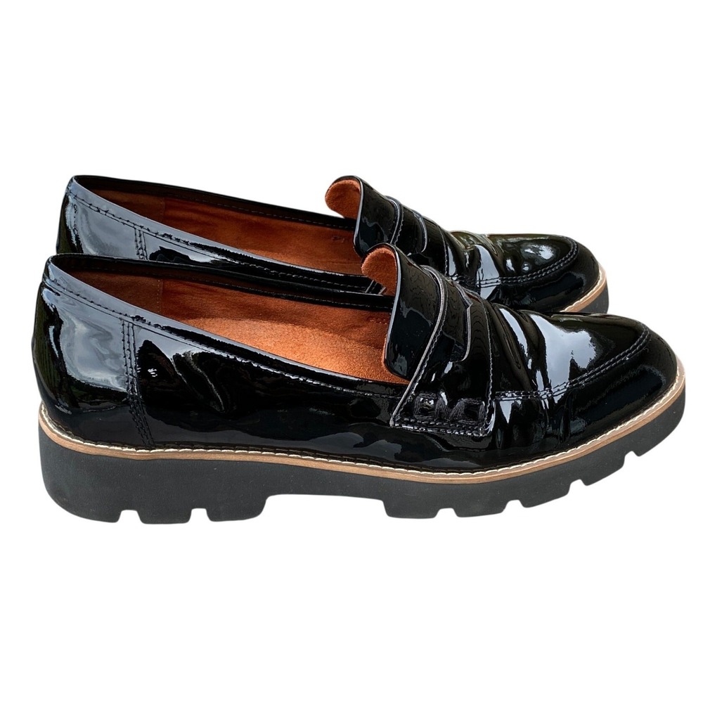 Vionic Womens Cheryl Penny Loafers Size 8.5 Black Patent Leather Lug Sole Preppy
